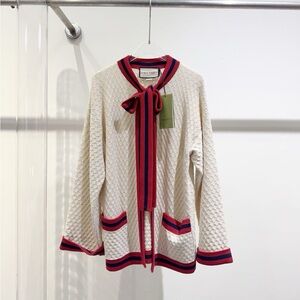 Authentic Gucci Ivory Knit Cardigan with Red and Navy Trim